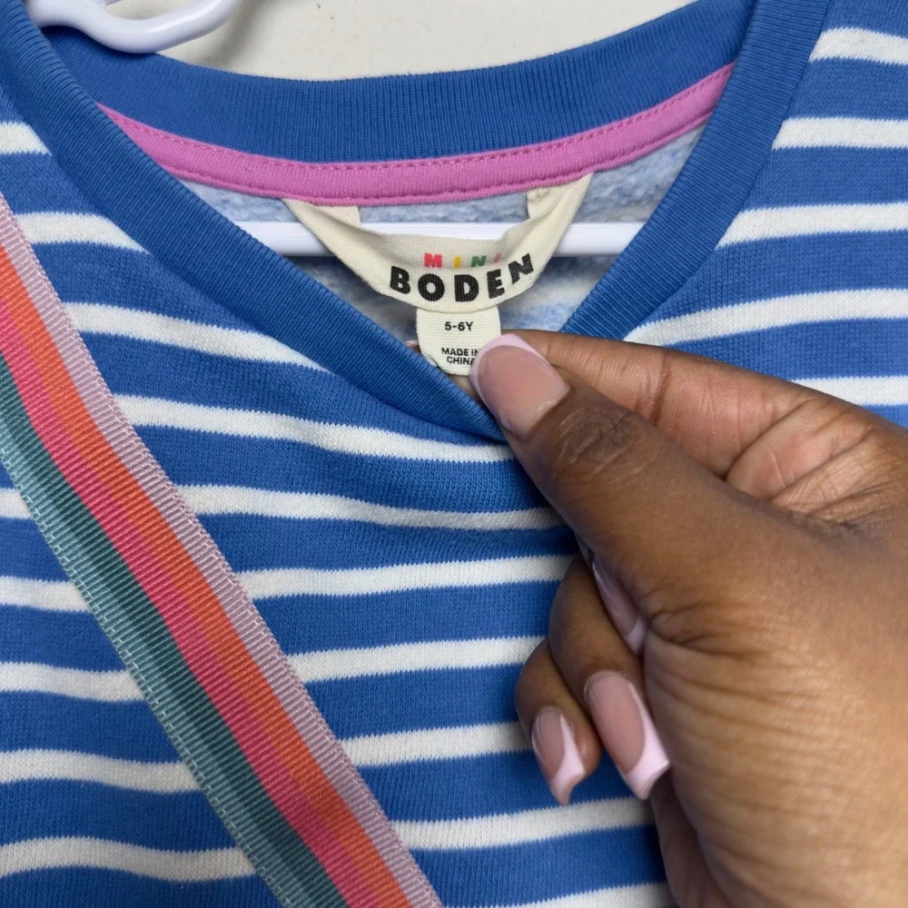 Mini Boden Girls Cotton Tunic 5-6Y Blue Striped Rainbow Cloud Applique Pocket